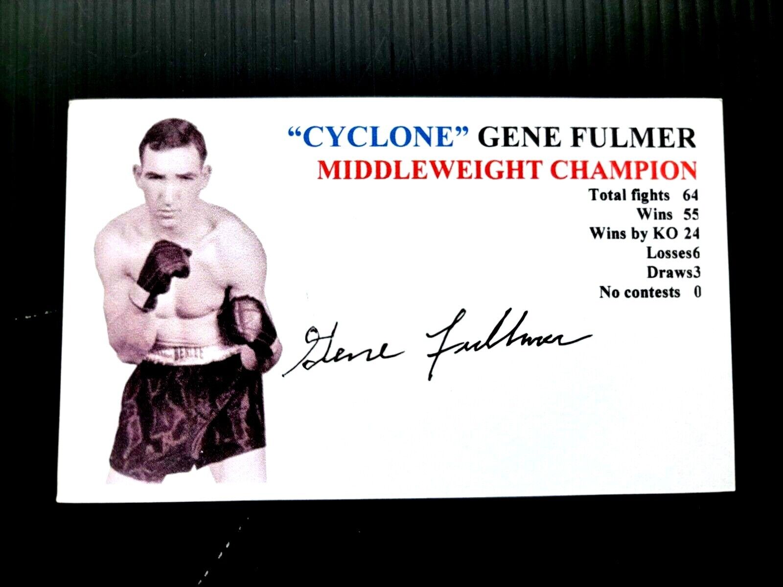"cyclone" Gene Fulmer Middleweight Boxing Champion Autographed 3x5 Index Card