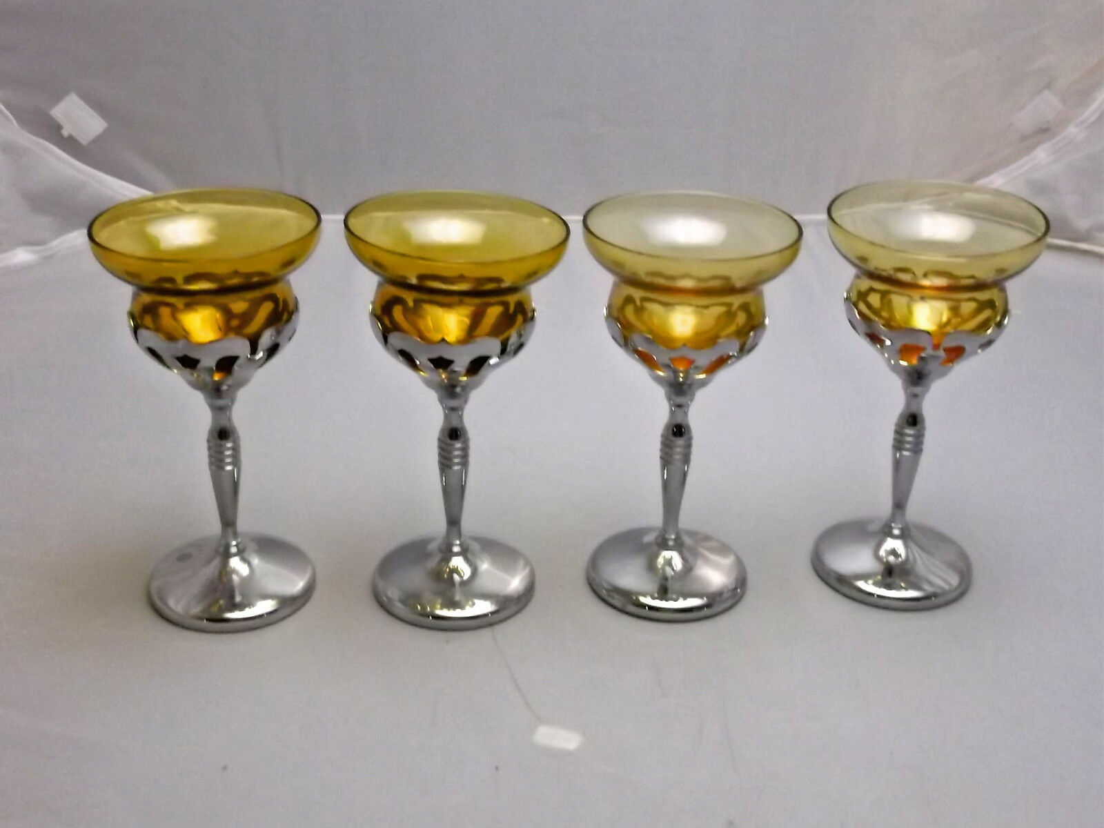 4 Vintage Morgantown Glass & Chrome Wine Glasses, Art Deco, Amber Glass