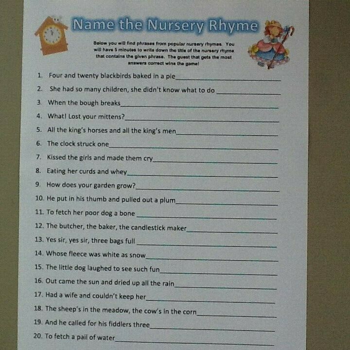 20 Sheets Nursery Rhyme Baby Shower Game + Answers Provided