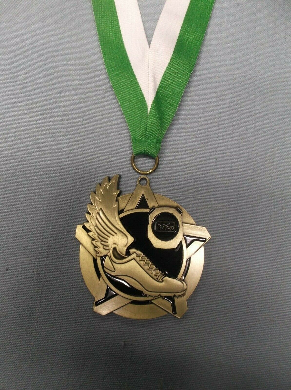 Black Star Gold Medal 2" Dia Track  With Green White Neck Ribbon Winged Shoe