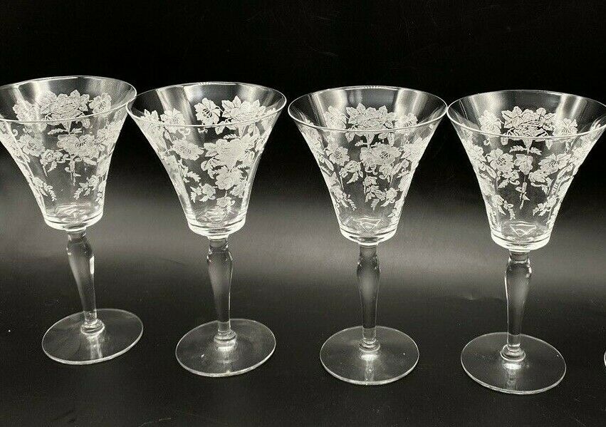 Set Of 4 Motgantown Elegant Depression Glass Wine Water Stem Etched Rose Picardy