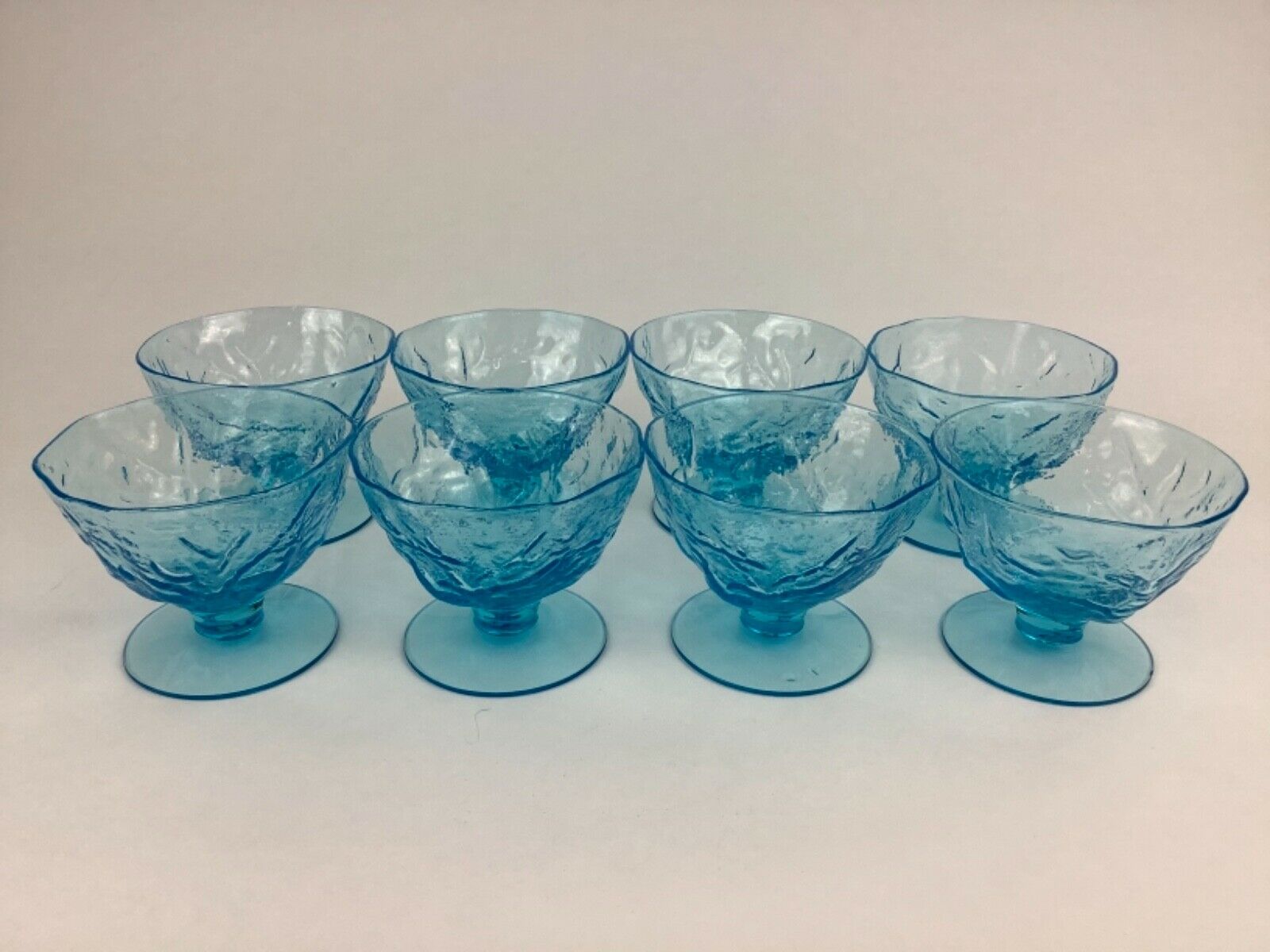 Morgantown Seneca Driftwood Peacock Blue Crinkle Glass Set Of 8 Sherbet Glasses
