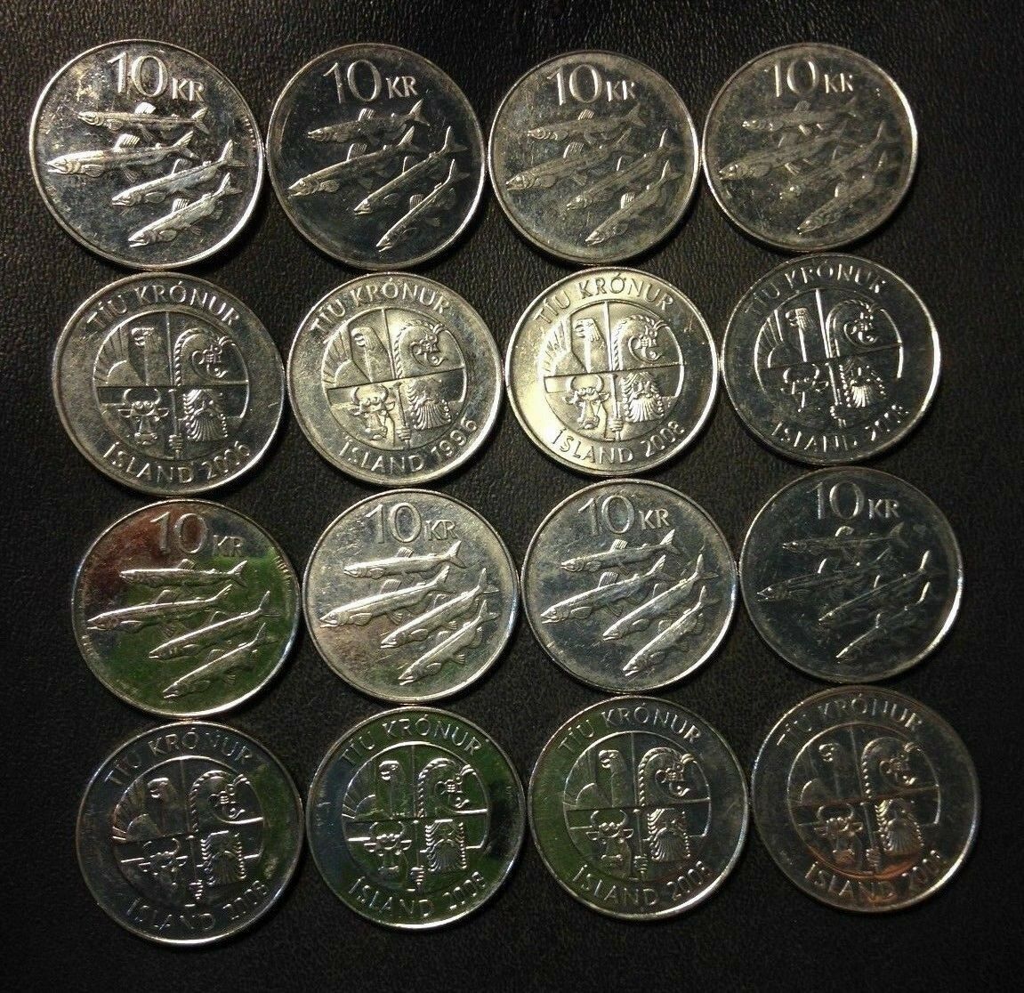 Old Iceland Coin Lot - 16 High Grade 10 Kronur Coins - Free Shipping