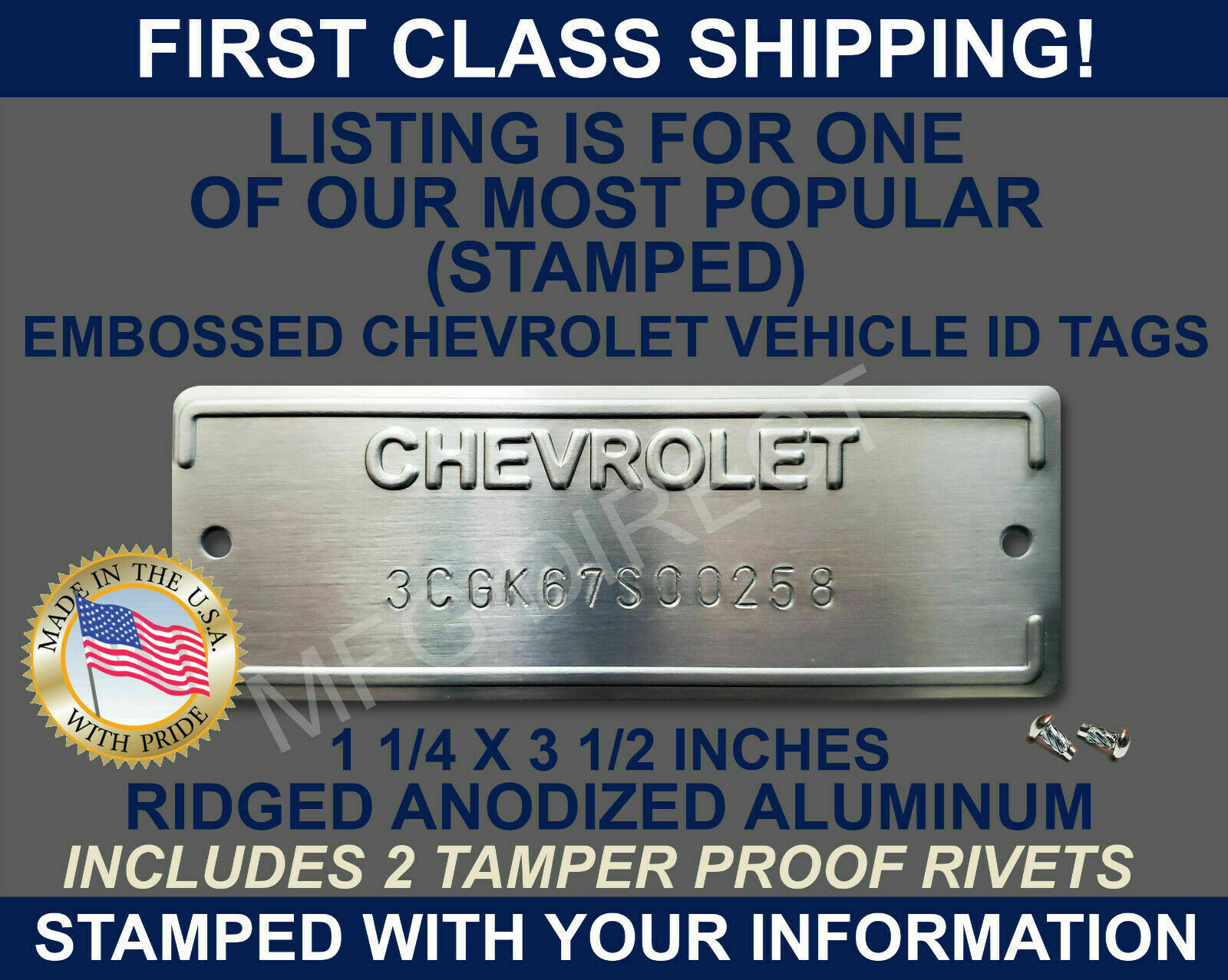 Chevrolet Serial Number Id Tag Data Vin Plate Chevy "stamped" With Your Info Usa