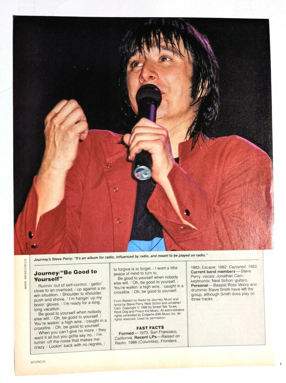 Journey / Steve Perry / Be Good To Yourself Lyrics Magazine Full Page Pinup