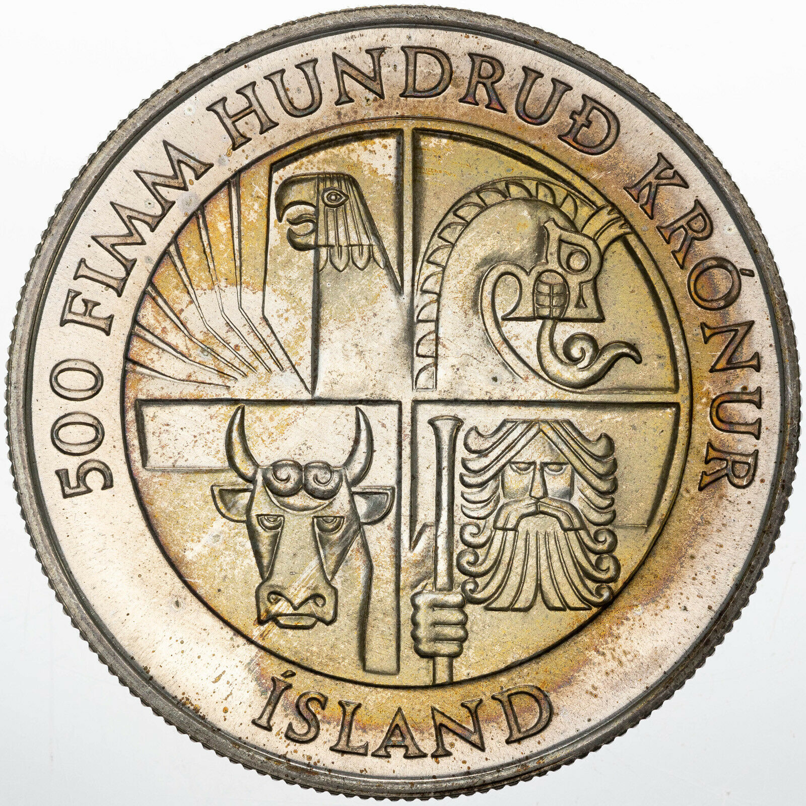 1974 Iceland 500 Kronur Silver Golden Color Gem Toned Striking Bu Unc (dr)