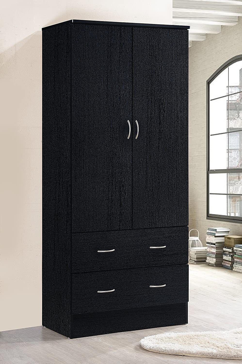 Bedroom Wardrobe Armoire 2-door 2-drawers Modern Clothes Organizer Cabinet Black