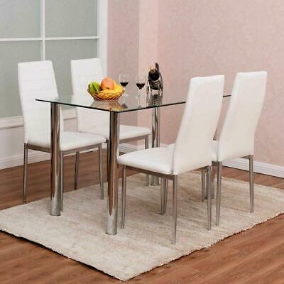 5 Pieces Dining Table White Glass Table And 4 Chairs Faux Leather Dinning Set