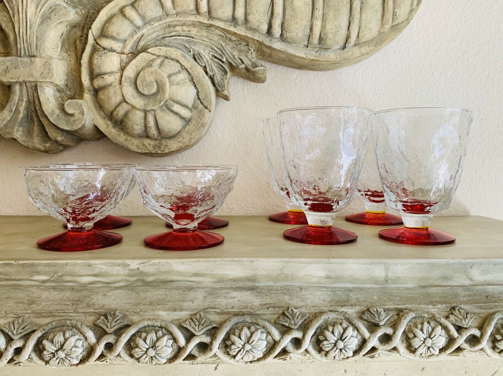 Clear Red Crinkle Glass Water Goblet And Sherbet Dessert Dish Lot Of 8