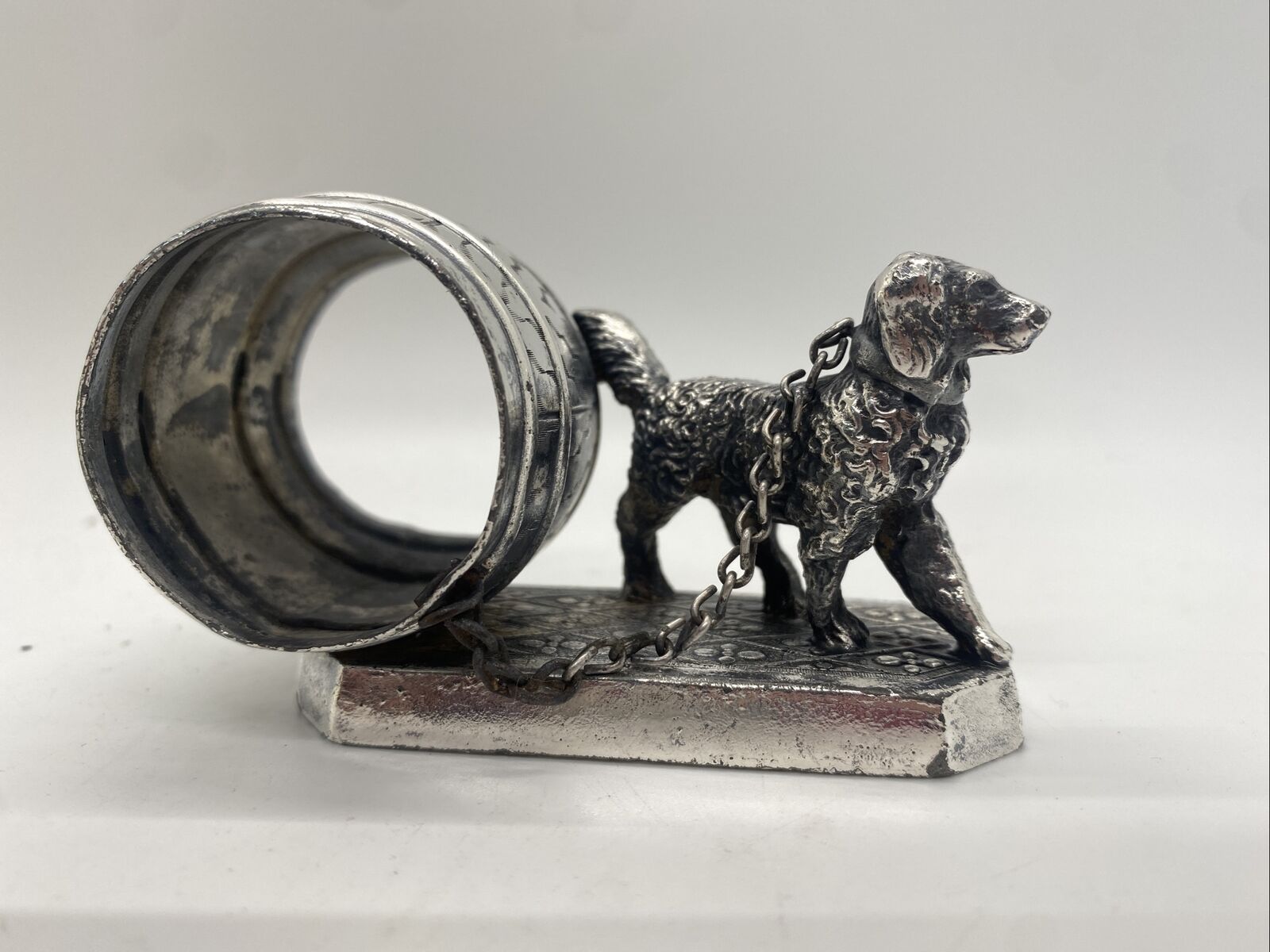 "rip Van Winkle's Dog" Silver Plate Victorian Napkin Ring, American, Circa 1880s