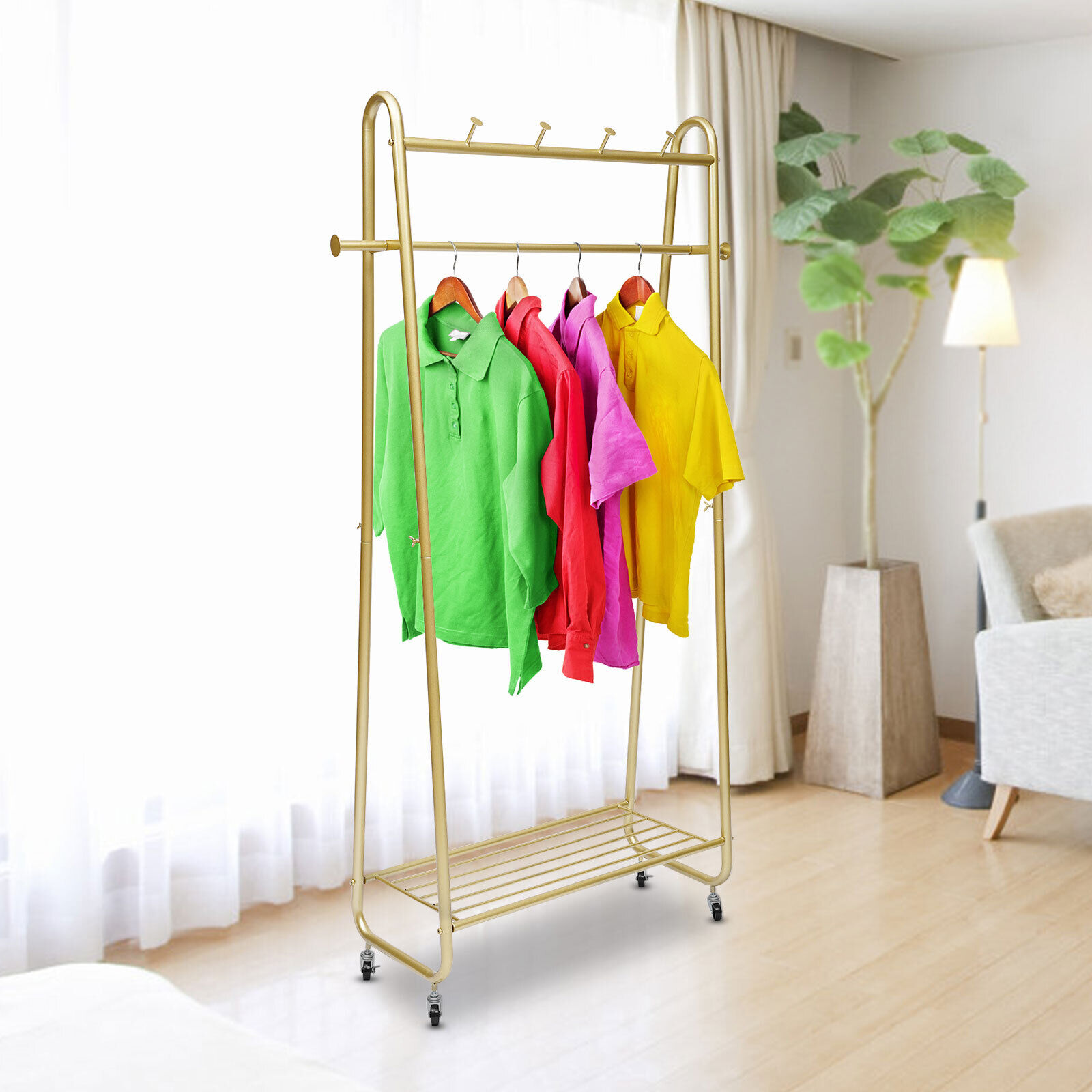 Gold Rolling Clothing Rack Display Clothes Racks Champagne Metal For Bedroom