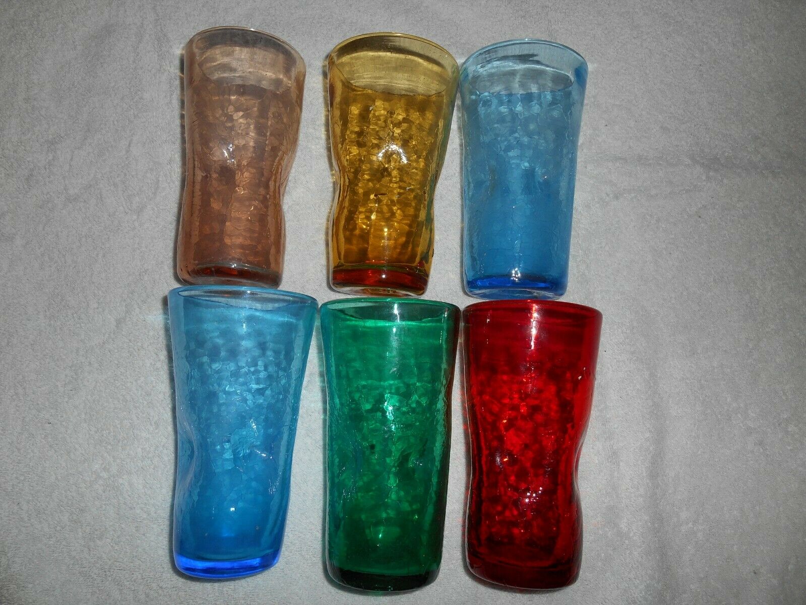 Nice Set 6 Multi Colored 12 Oz. Crackle Glass Dimpled Tumblers By Morgantown
