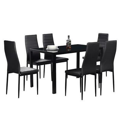 7 Piece Dining Table Set For 6 Chairs Clear Glass Metal Kitchen Room Breakfast