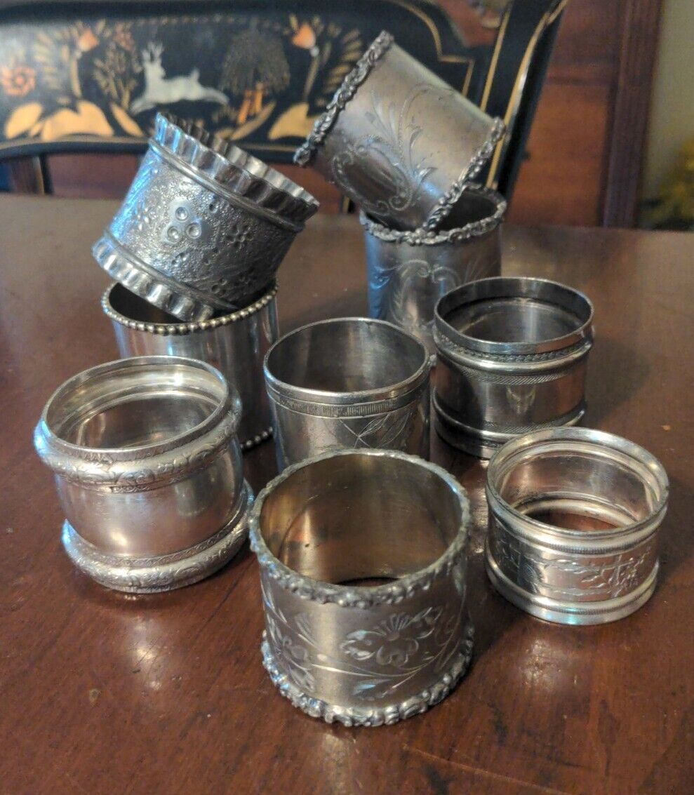 9 Antique Napkin Rings American Victorian Silverplate Engraved Aesthetic
