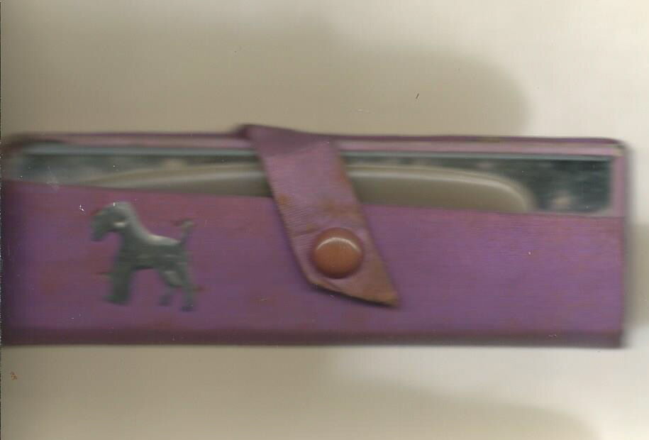 Ai-057 - Purple Airedale Terrier Child's Comb With Glass Mirror Case Vintage 50s