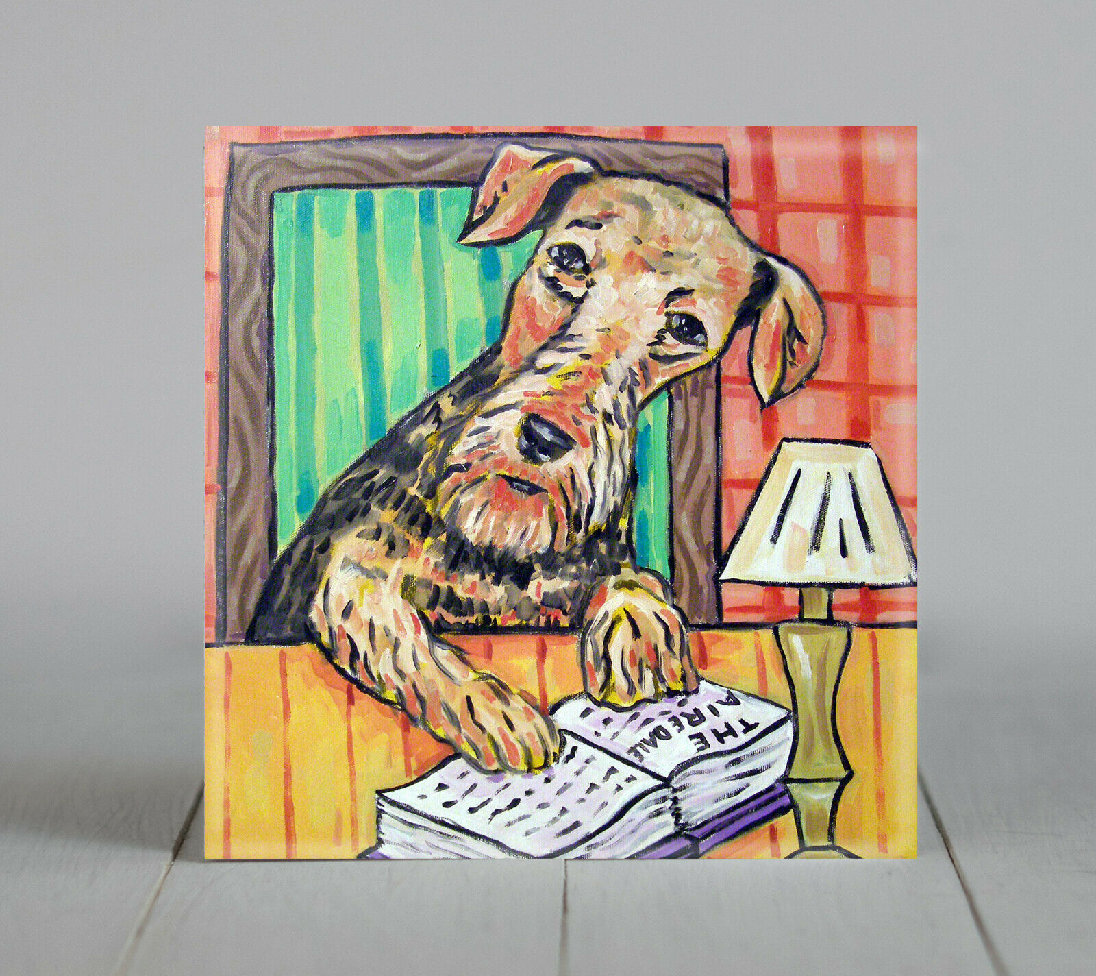 6x6 Airedale Terrier Artwork - Ceramic Coaster Tile - Reading Dog - Modern Folk