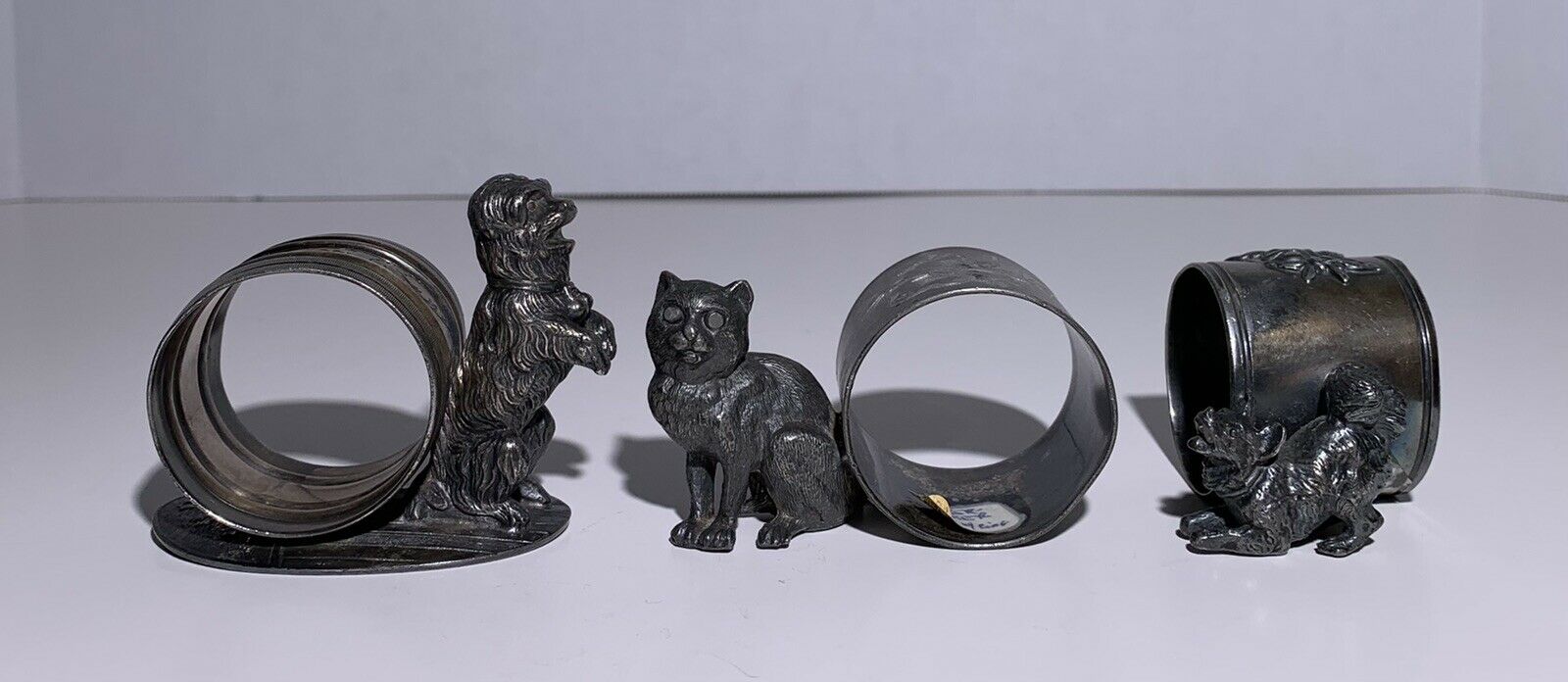 Antique 2 Dogs & Cat Silverplate Figural Napkin Rings Quadruple Plate