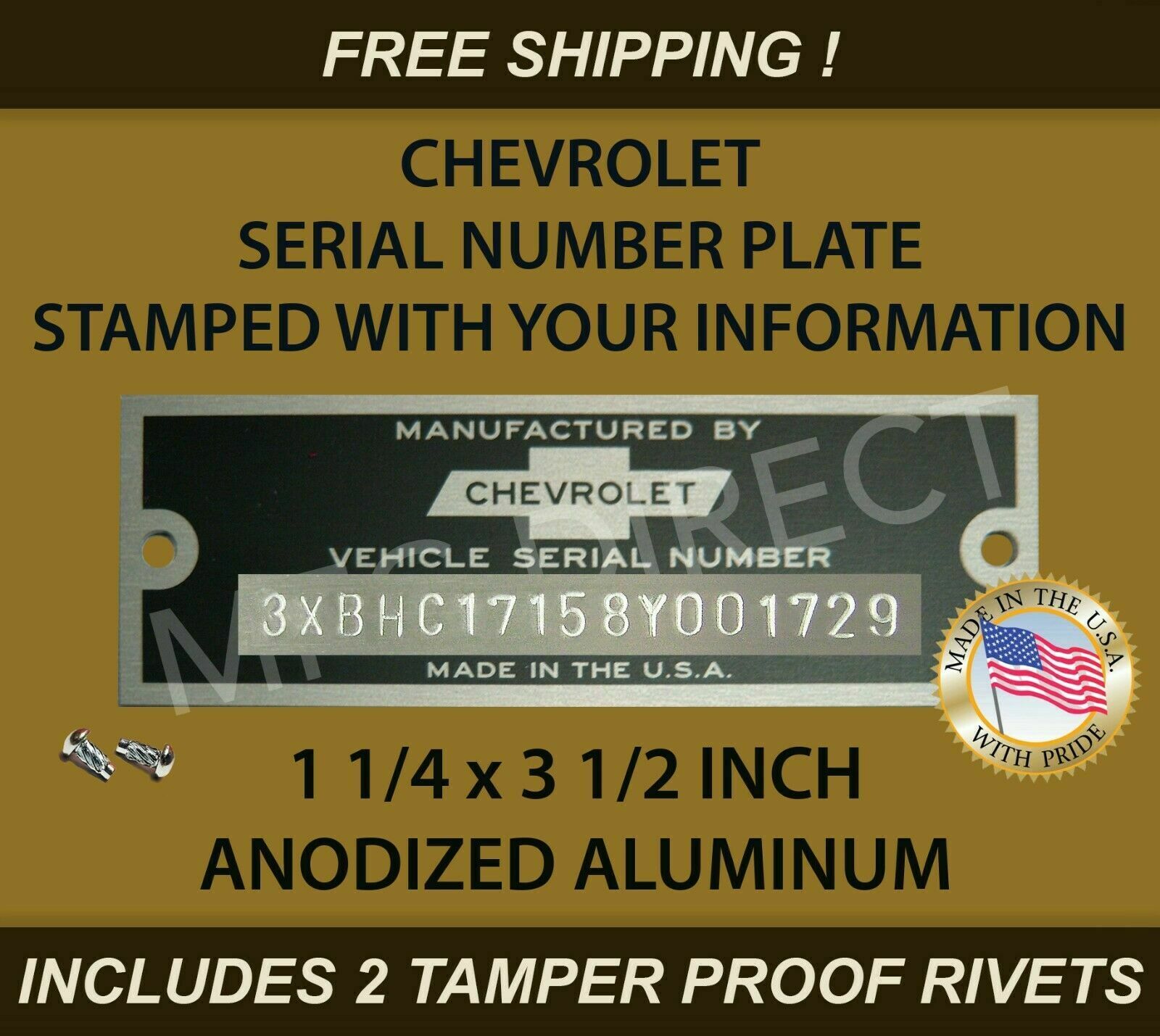 Chevy Chevrolet Serial Number Data Tag Id Plate Stamped With Your Information