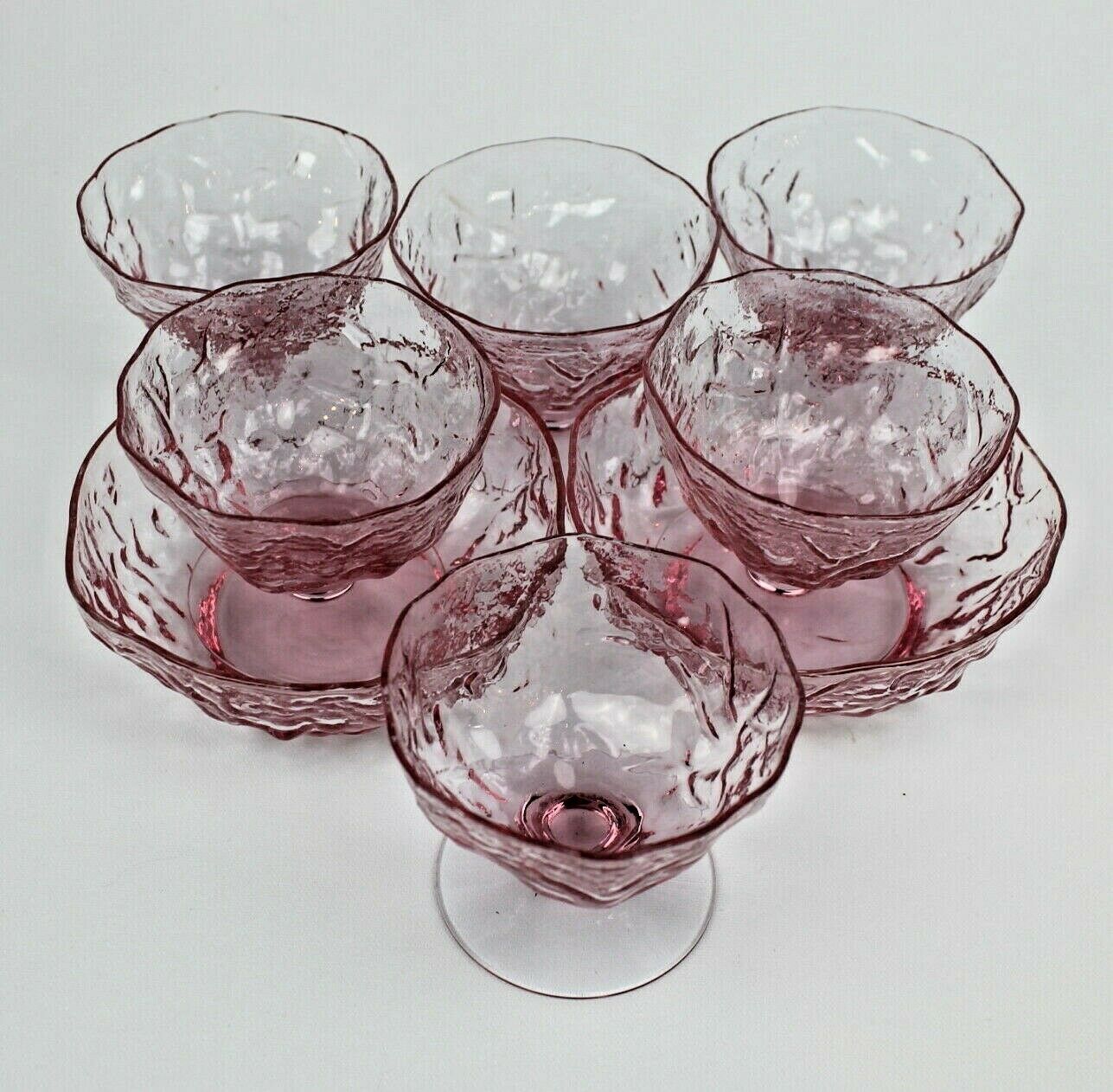 Vtg. Morgantown Pink Crinkle Glass - 6 Sherbet Champagne Glasses & 2 Bowls - Mcm