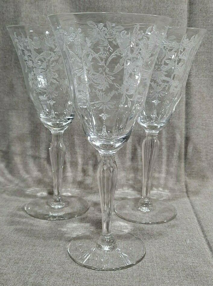 3 Morgantown Glass Lace Bouquet 7 5/8" Water Goblets