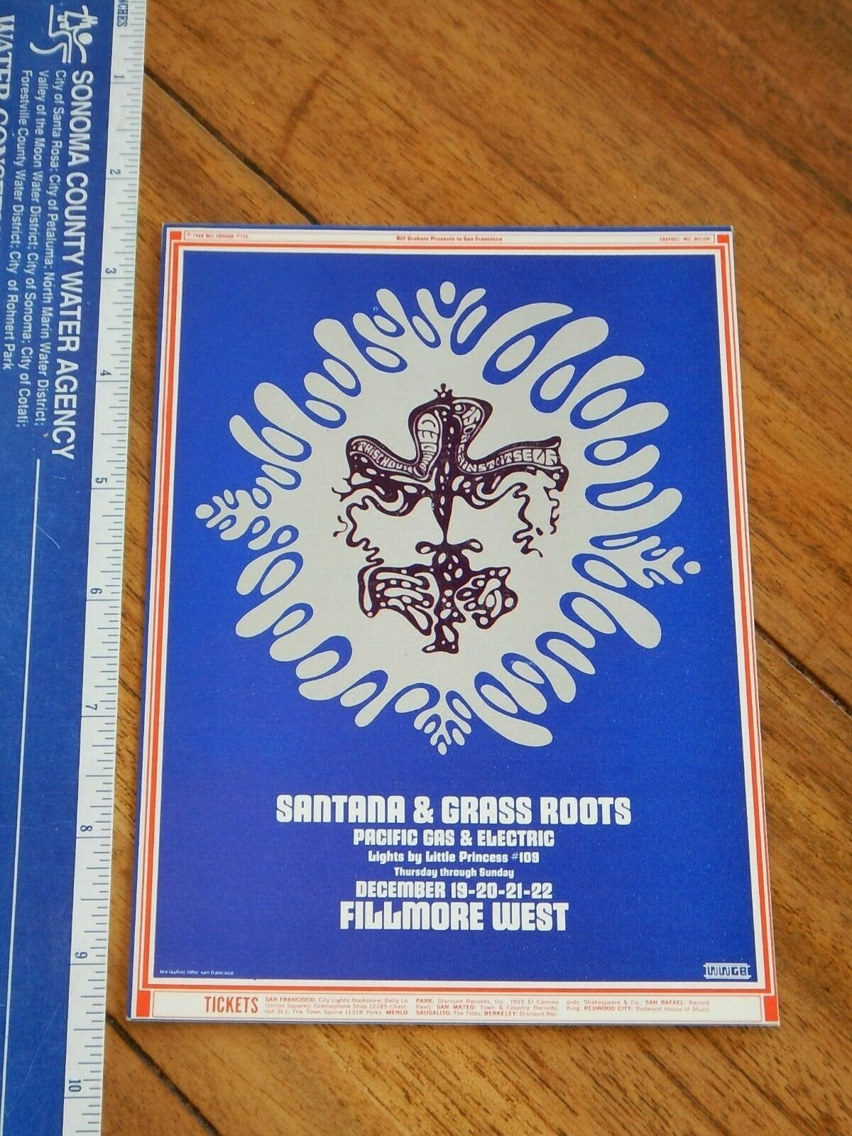 1968 Santana, Grass Roots Fillmore Concert Postcard Bg150, Wes Wilson Art