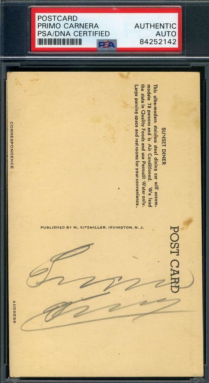 Primo Carnera Psa Dna Coa Hand Signed 1930`s Postcard Autograph