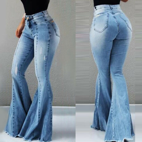 Women's Ladies Ripped High Waisted Wide Leg Denim Flare Jeans Pants Bell Bottoms