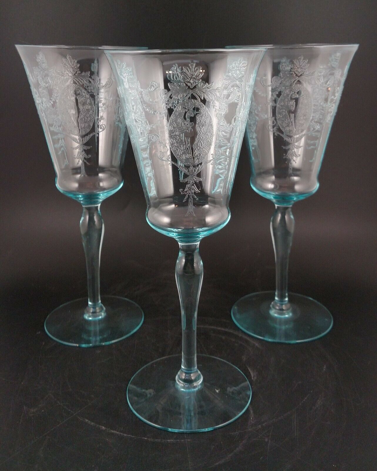 3 Acid Etched Morgantown Sunrise Medallion Blue Water Goblets Glasses Stemware