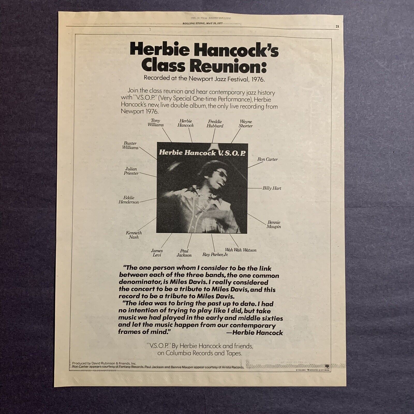 Herbie Hancock 'v.s.o.p' 'class Reunion' Original 1977 13" X 10" Advert