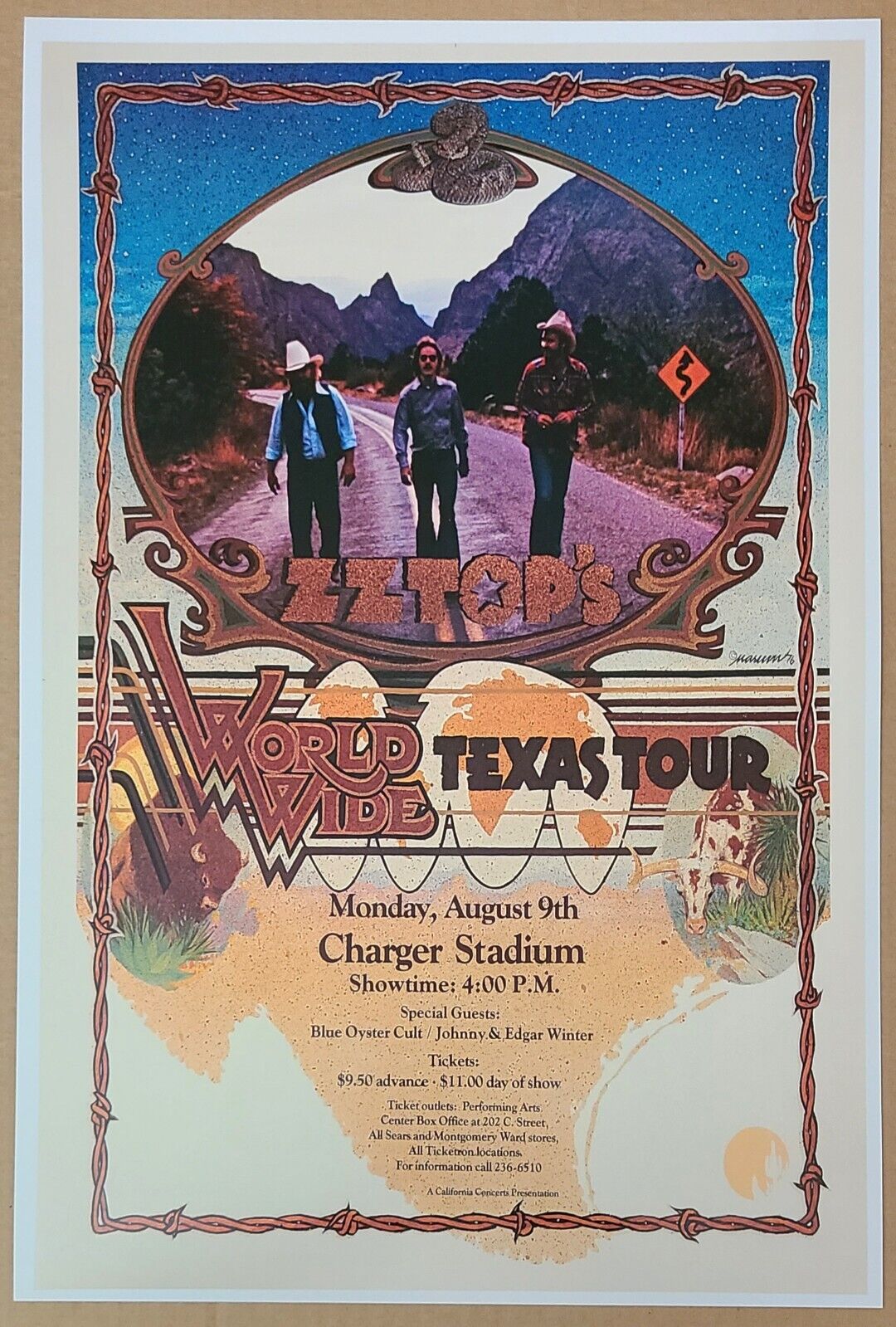 Zz Top World Wide Texas Tour Charger Stadium Aug. 9 Glossy 12x18 Concert Poster