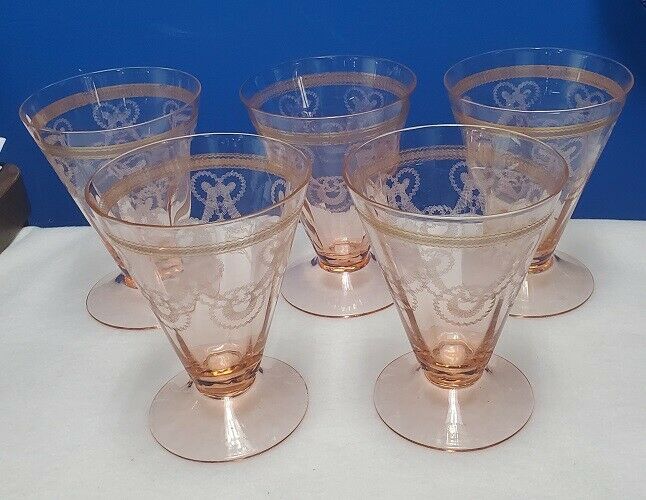 Morgantown Necklace Pink Stem 7577 Set Of 5 Tumblers 4-3/4" Etched Circa 1923