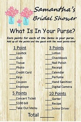 12 Personalized - What's In Your Purse - Bridal Shower Game - Party Games