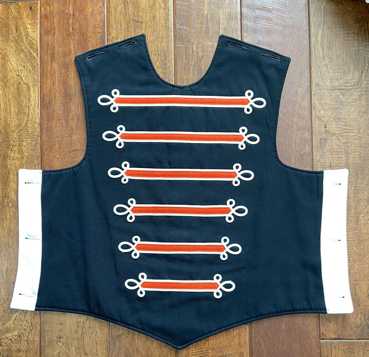 (60) Black, Orange, White Fruhauf Band Uniform Vest Coat Front, Button On Plate