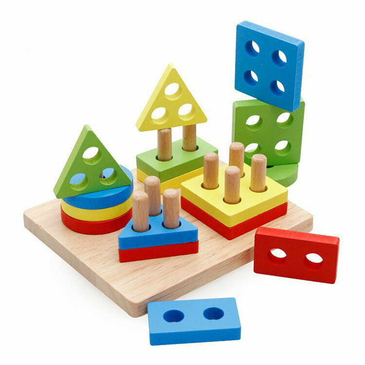Kids Wooden Puzzle Building Blocks Toys Colors Shapes Early Learning Educational