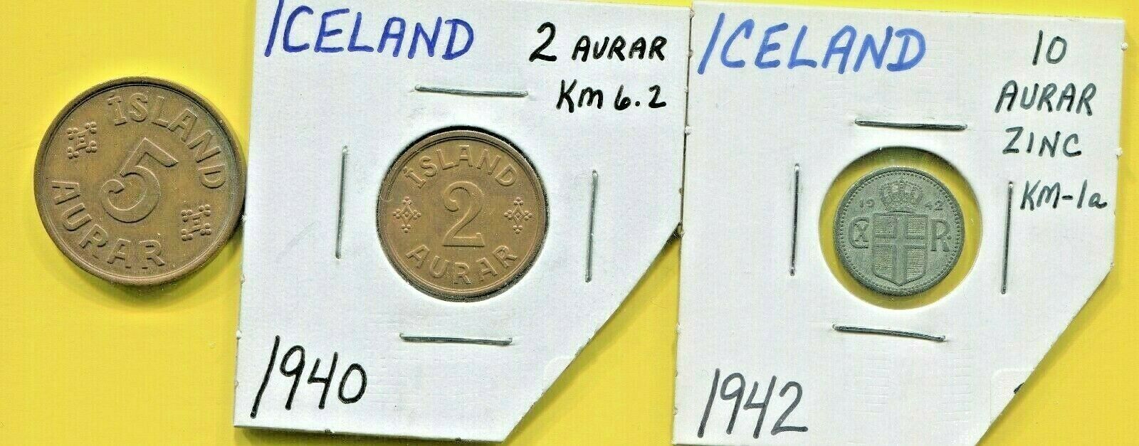 Iceland - Three Beautiful Historical 1940's Coins, 2 Aurar, 5 Aurar & 10 Aurar