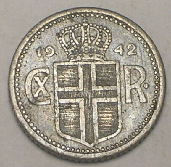1942 Iceland Icelandic 10 Aurar Crowned Monogram Wwii Era Zinc Coin F+