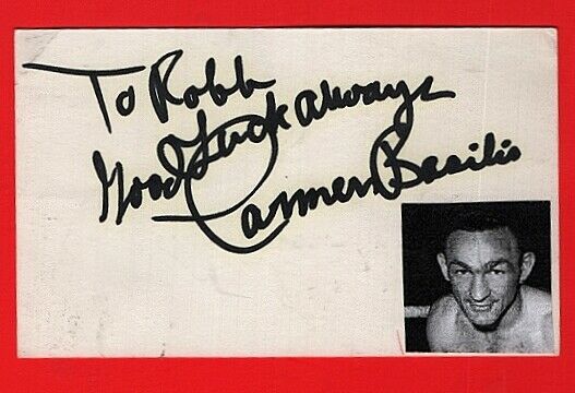 Carmen Basilio-boxing- Middle Weight Champion Autographed 3x5 Card-(d.2012)