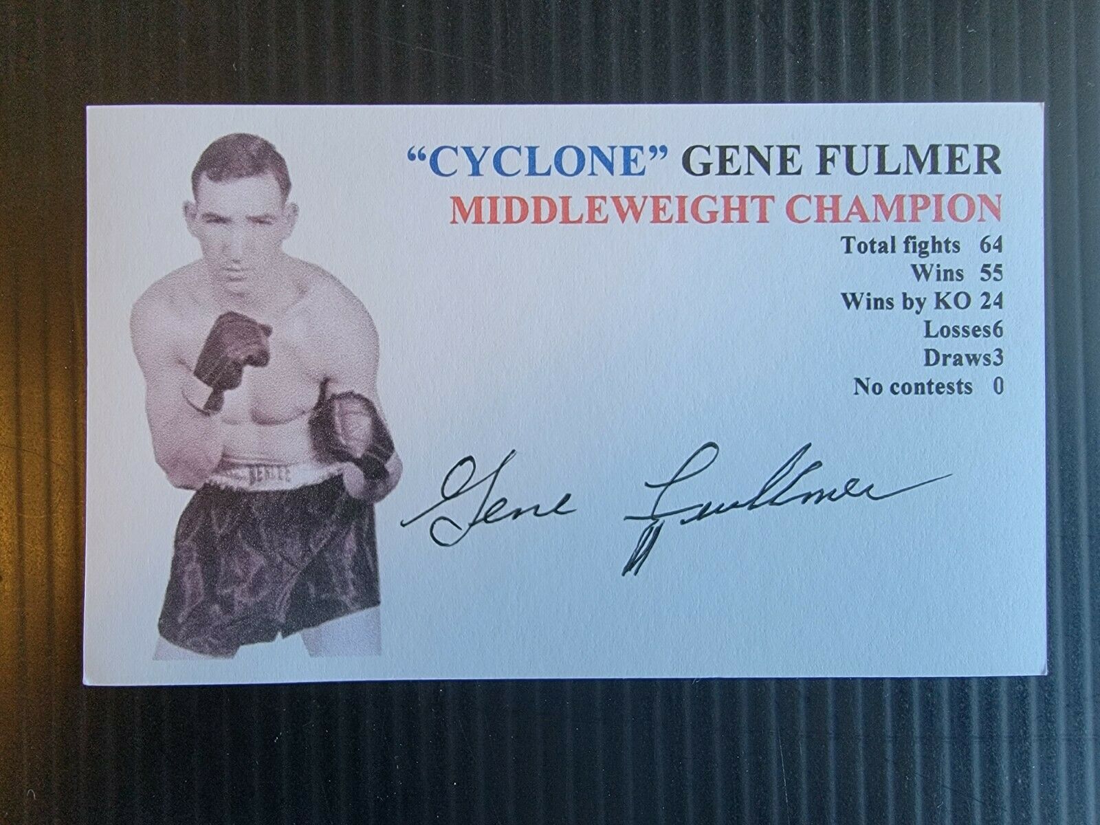 "cyclone" Gene Fulmer "middleweight Champion Boxing Autographed 3x5 Index Card