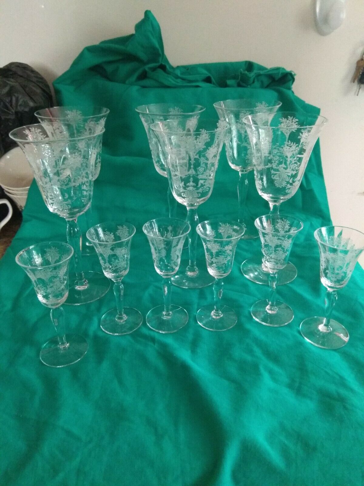 6  Mayfair Optic Goblet Etched Floral Basket Urns &  6 Cordial  By Morgantown