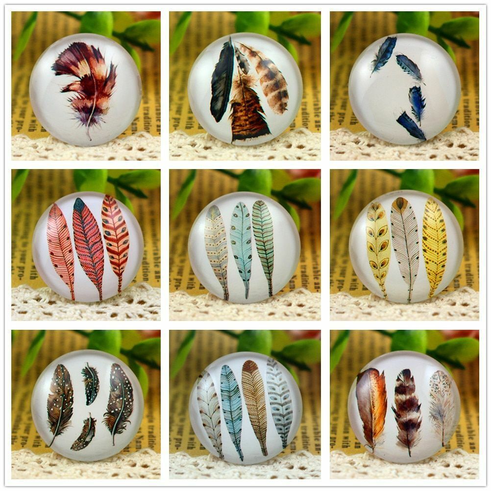 5pcs Cabochons Big Feather Pattern Handmade Spacers Photo Glass Jewelry Findings
