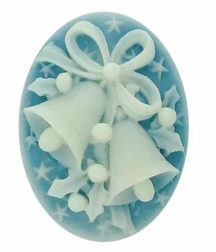 40x30mm Christmas Holiday Bells Blue White Resin Cameo Cabachon S4001